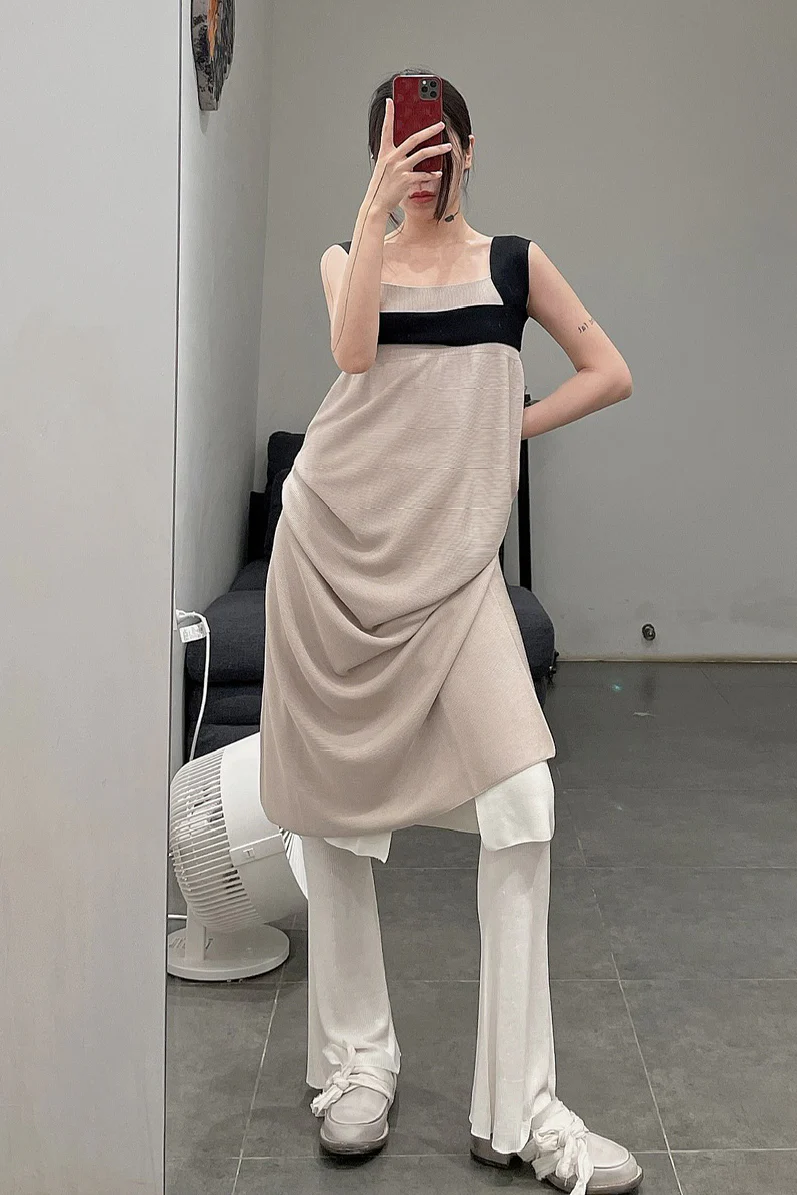 SWAYING/KNIT SW211LS23 Silk contrast color shoulder strap skirt PS7 - Image 7