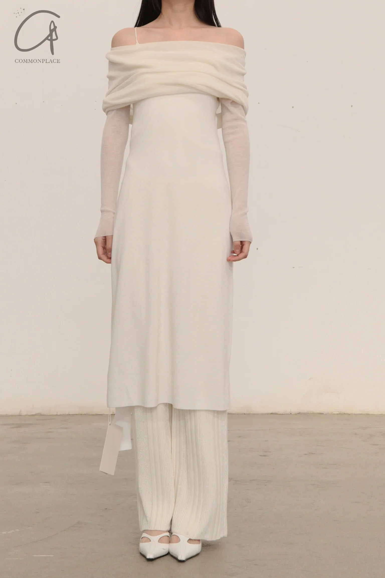 SWAYING/KNIT water-soluble wool lapel dress (with petticoat) SW23AW2L07 white PS66