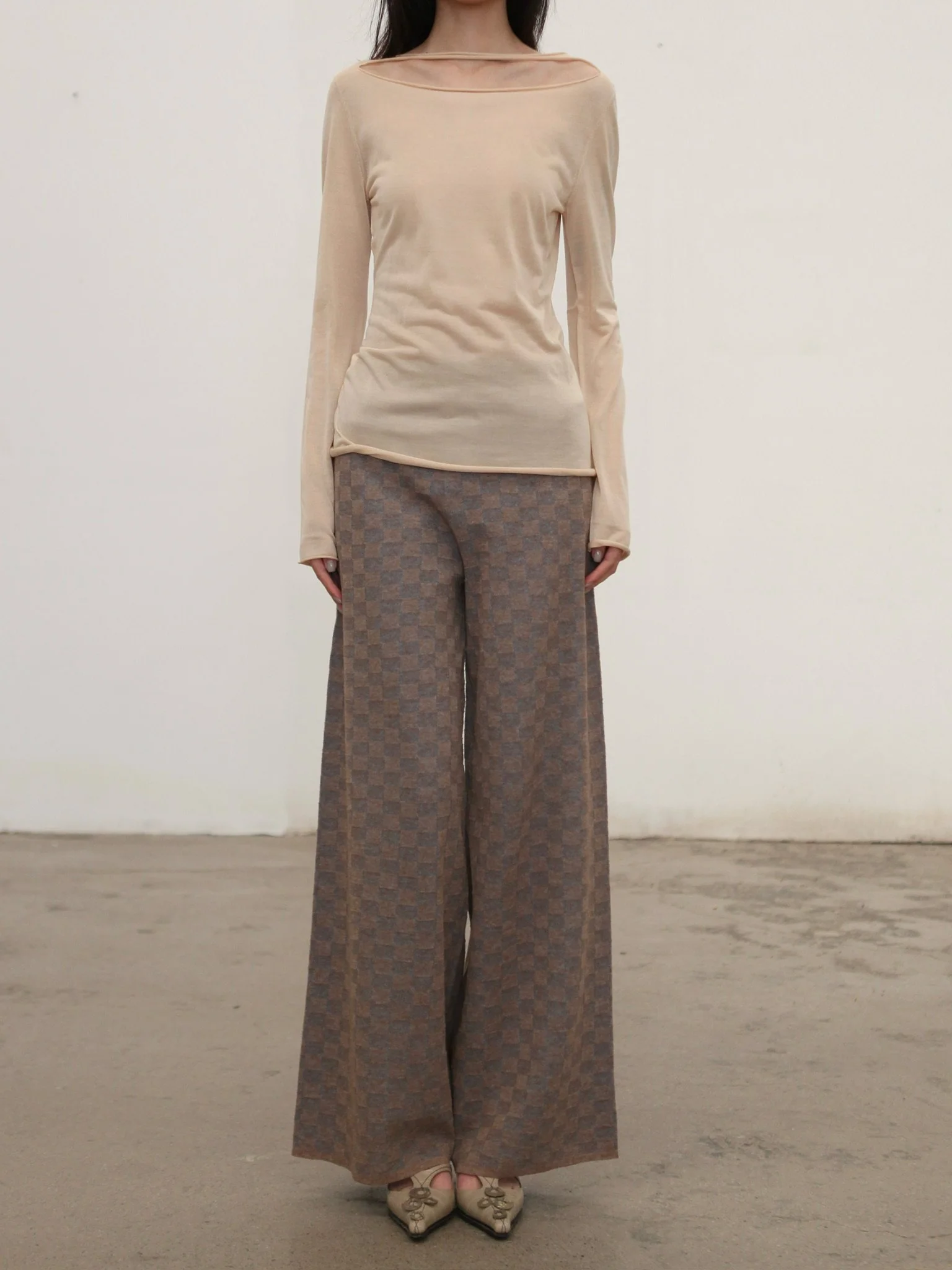SWAYING SS26 Check Jacquard Knit Trousers SW-SW26SS3B17-KQ Khaki - Image 6