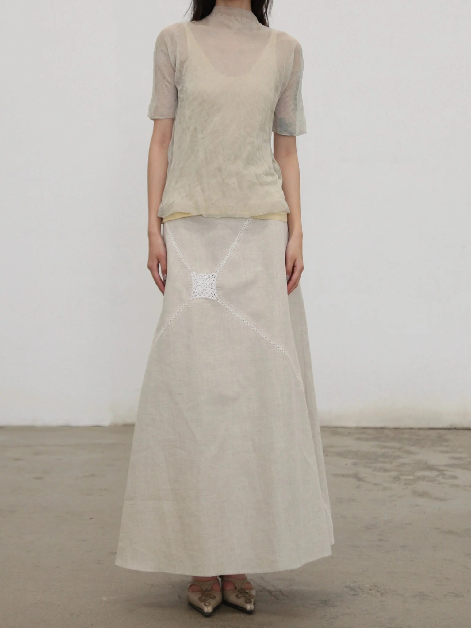 SWAYING SS26 Crochet Patchwork Long Skirt SW-SW26SS3B13-YM Linen - Image 12