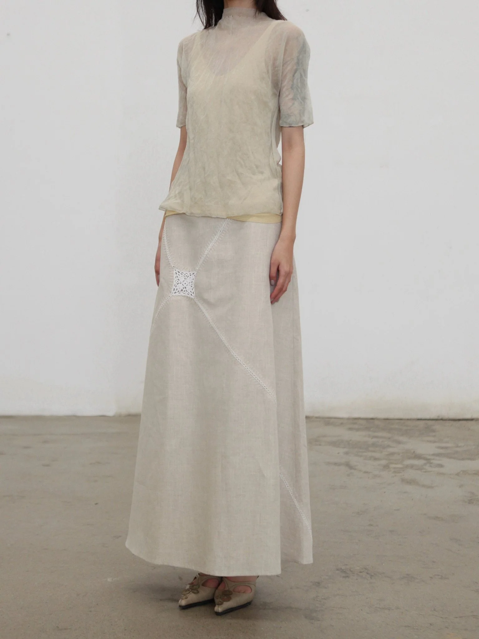 SWAYING SS26 Crochet Patchwork Long Skirt SW-SW26SS3B13-YM Linen - Image 13