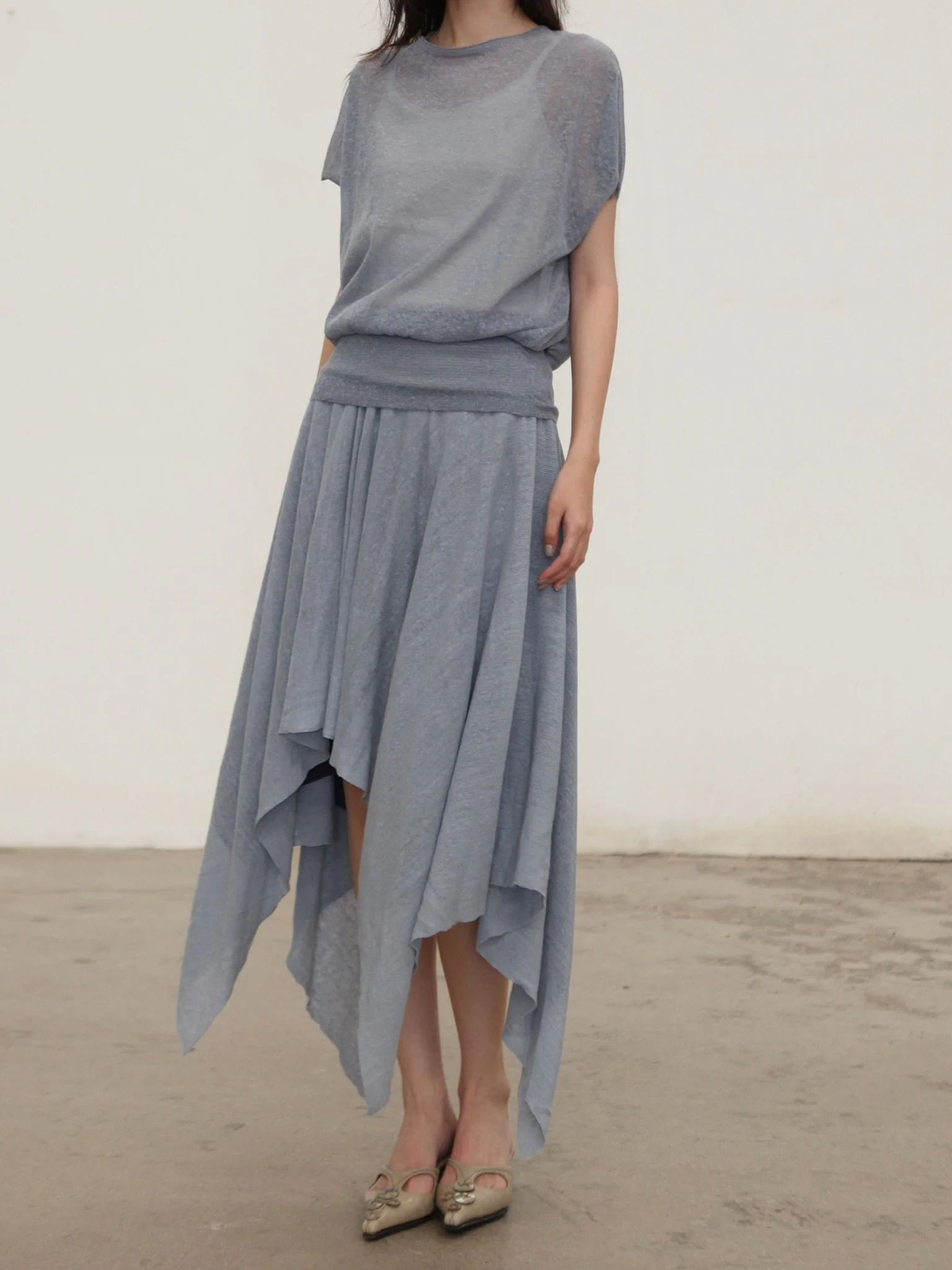 SWAYING SS26 Linen Blend Drop Shoulder Top SW-SW26SS1T28-HL Grey-Blue - Image 9