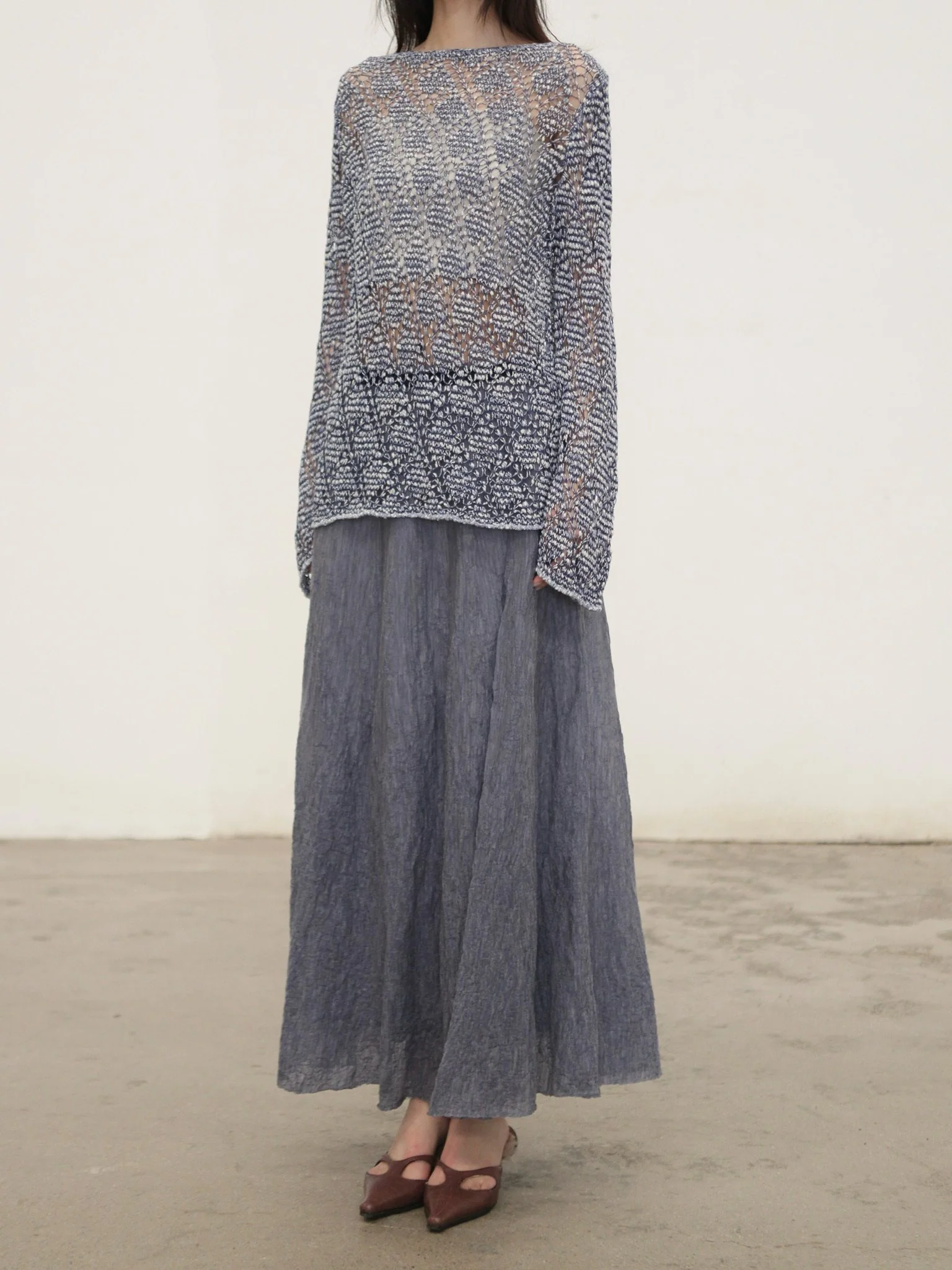 SWAYING SS26 Wool Blend Pleated Full Skirt SW-SW26SS3B07-HL Grey-Blue - Image 6