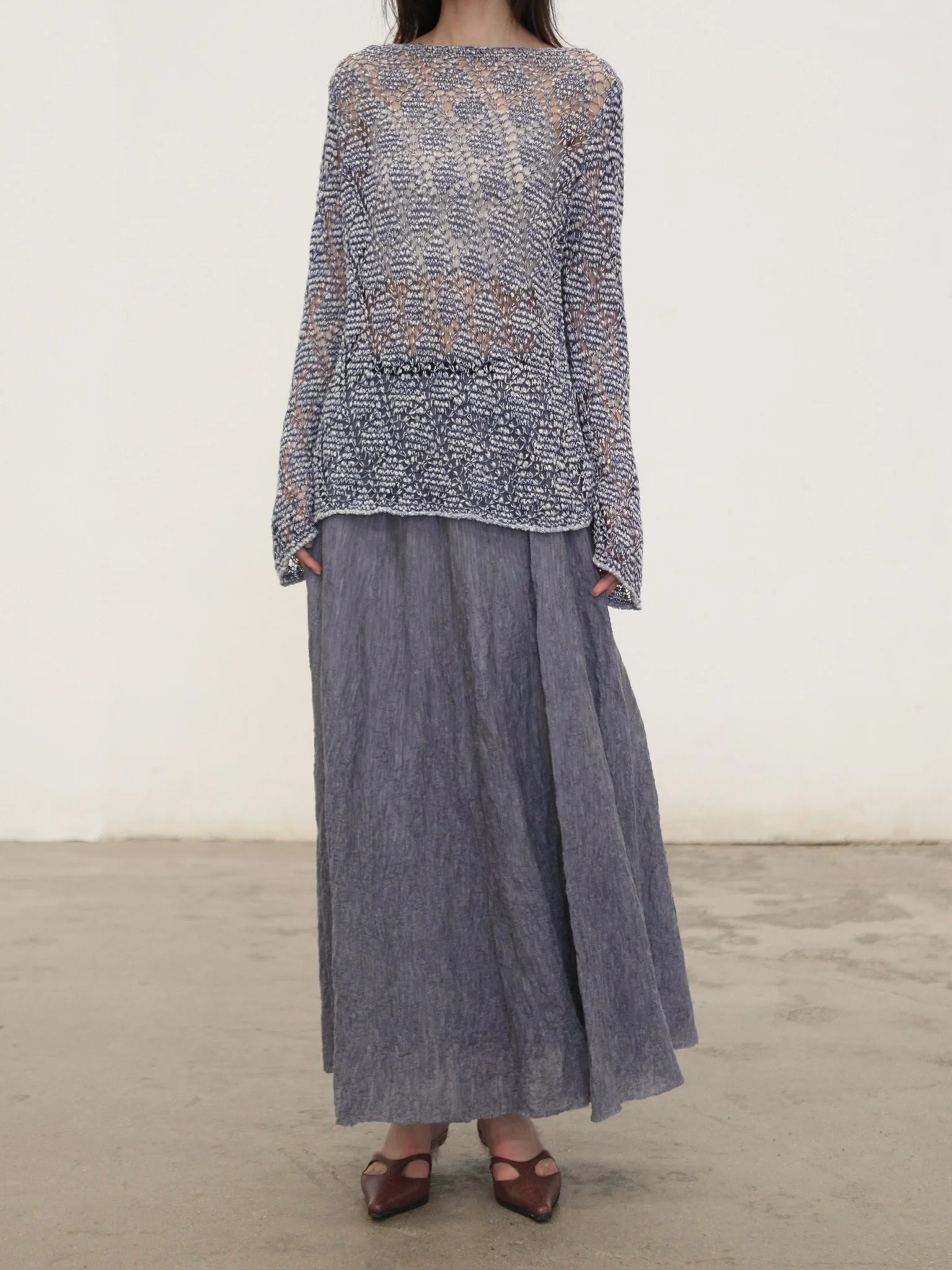 SWAYING SS26 Wool Blend Pleated Full Skirt SW-SW26SS3B07-HL Grey-Blue - Image 7