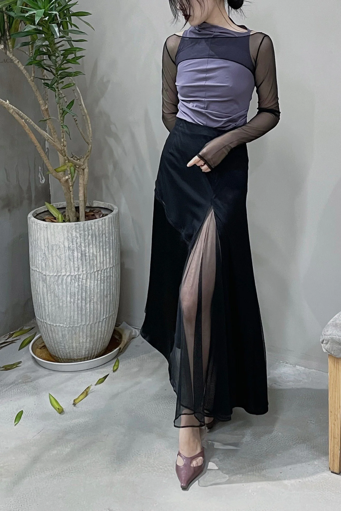 Un Morceau Asymmetrical Knit Top With Diagonal Collar UM221SZ18 Black/Purple - Image 3
