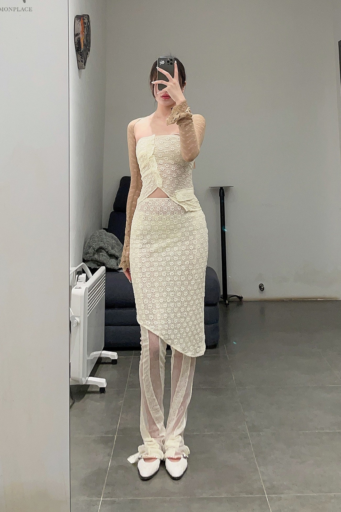 Un Morceau elastic lace oblique blooming half skirt UM231XZ11 light yellow PUM40 - Image 21