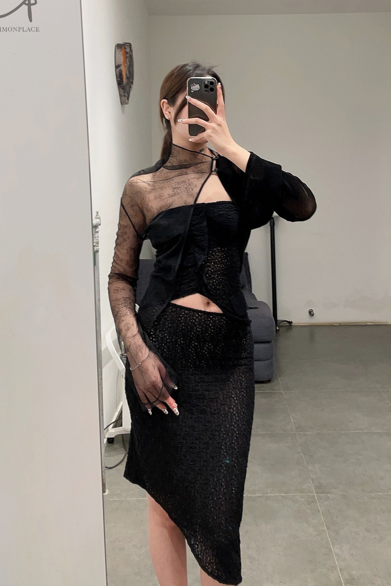 Un Morceau elastic lace sloping half skirt UM231XZ12 black PUM40 - Image 11