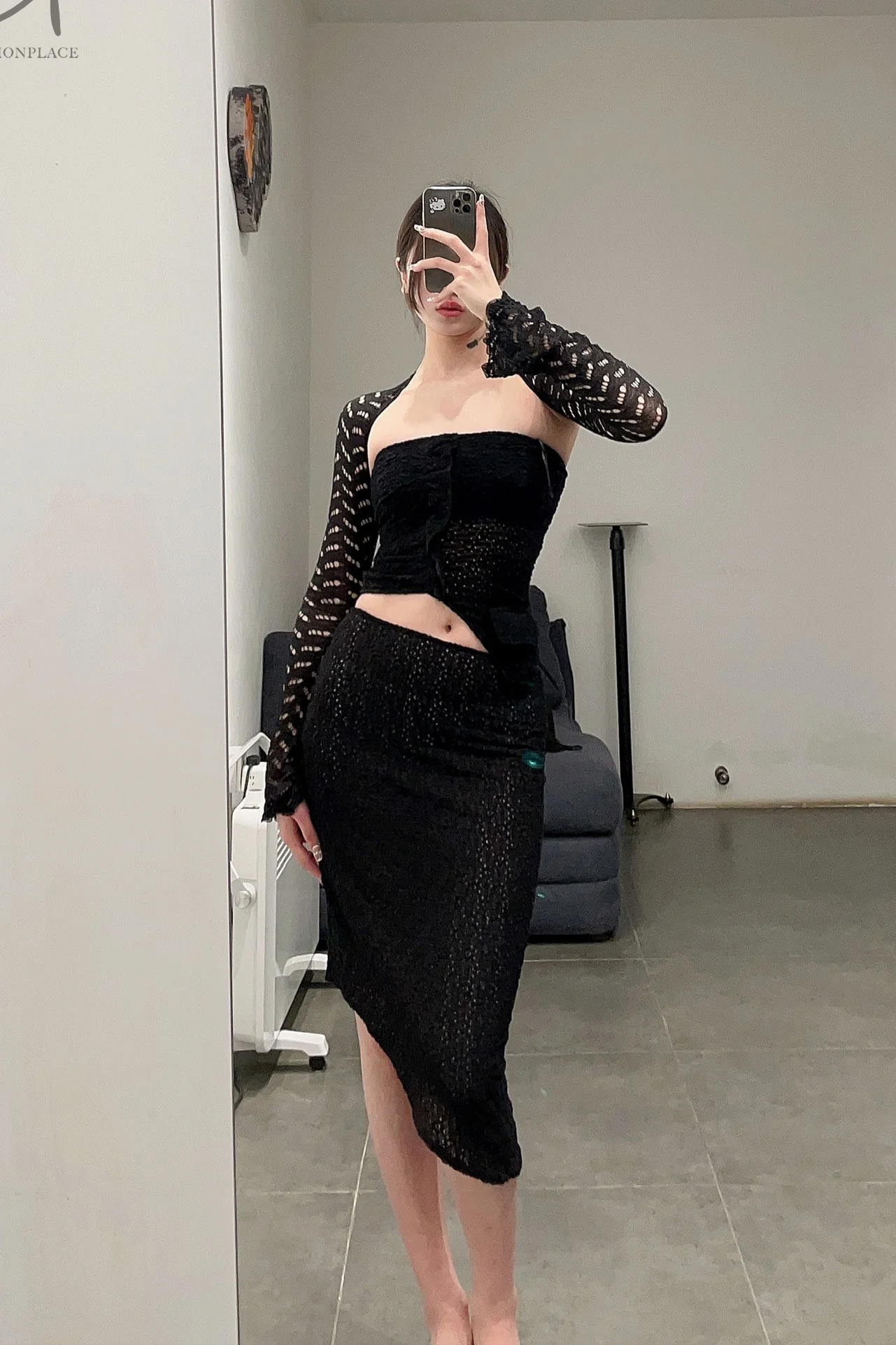 Un Morceau elastic lace sloping half skirt UM231XZ12 black PUM40 - Image 19