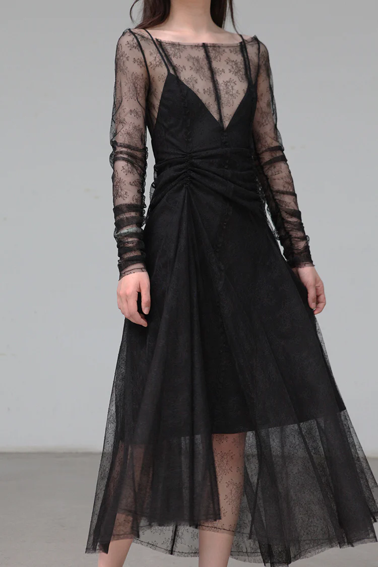 Un Morceau lace pleated asymmetric dress (with petticoat) UM-UM212LS04-HEI PUM8 - Image 2