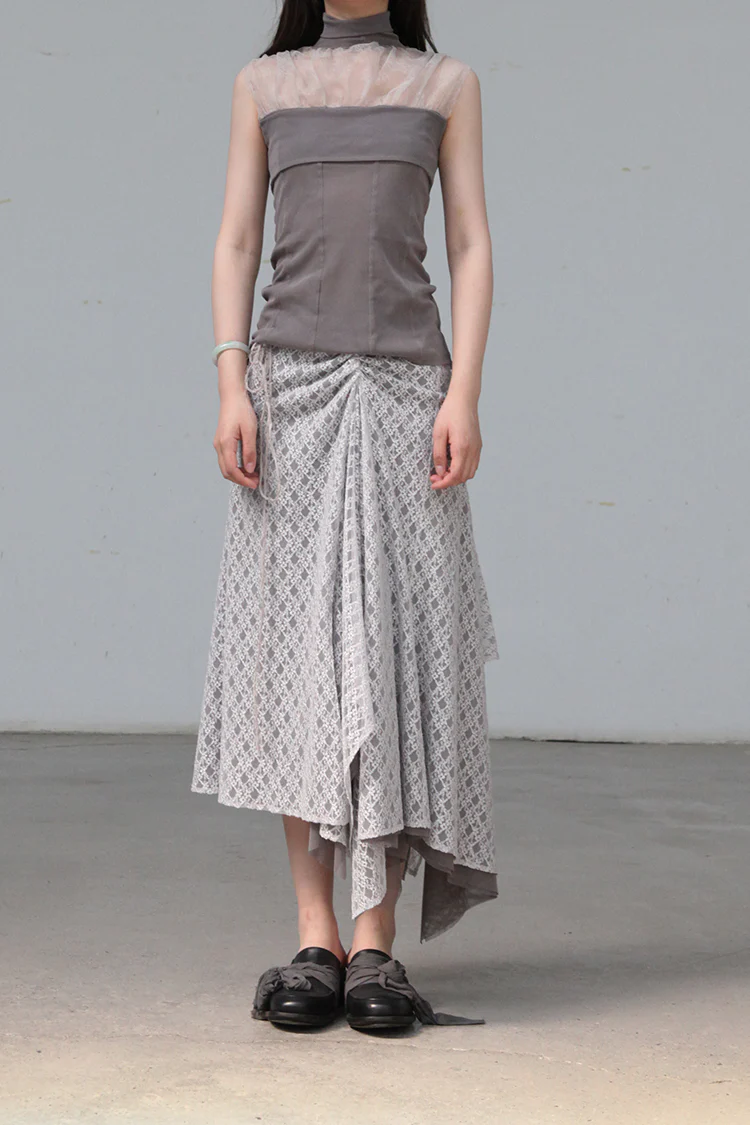 Un Morceau Crinkled Lace Turtleneck Sleeveless Top UM212SZ12 Nude Grey/Grey PUM13 - Image 3
