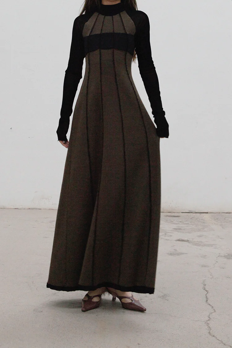 Un Morceau Raglan High Neck and Chest Panel Dress UM212LS10 Black/Olive Green PUM12 - Image 3