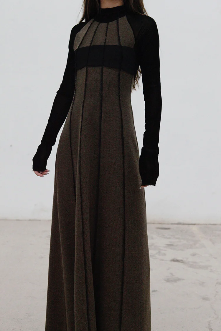 Un Morceau Raglan High Neck and Chest Panel Dress UM212LS10 Black/Olive Green PUM12 - Image 5