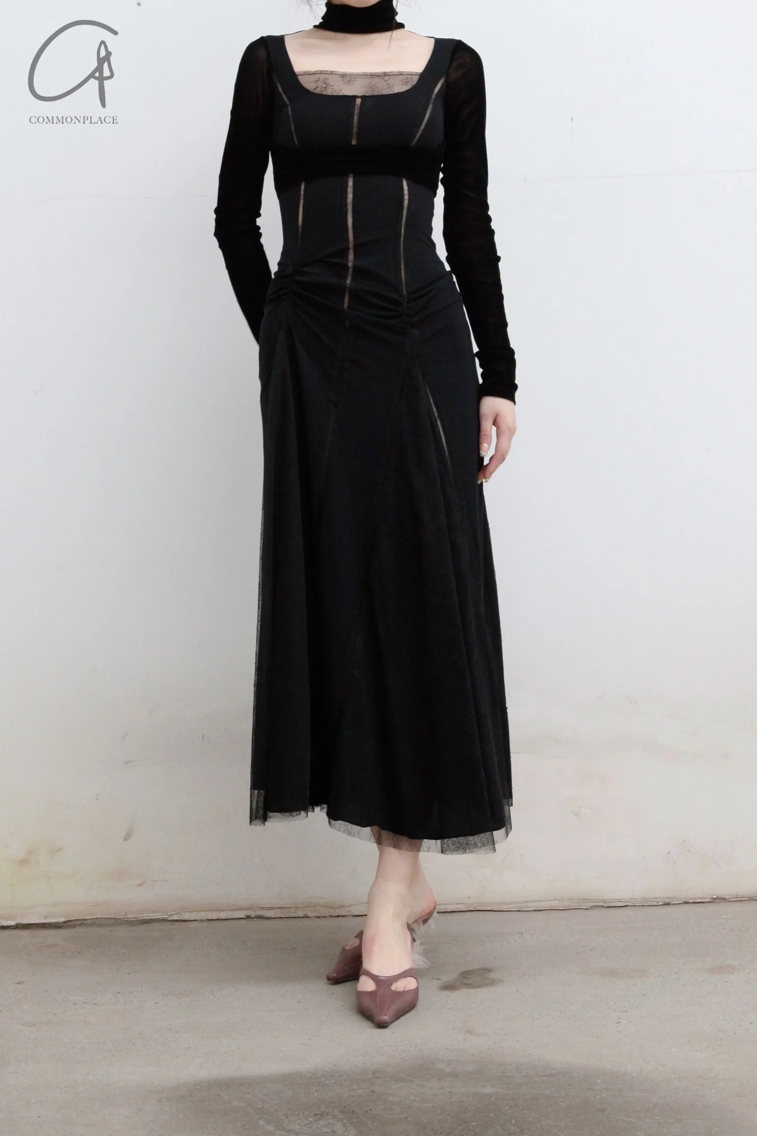 Un Morceau Velvet Knit Patchwork Tailored Dress UM221LS17 Black - Image 7