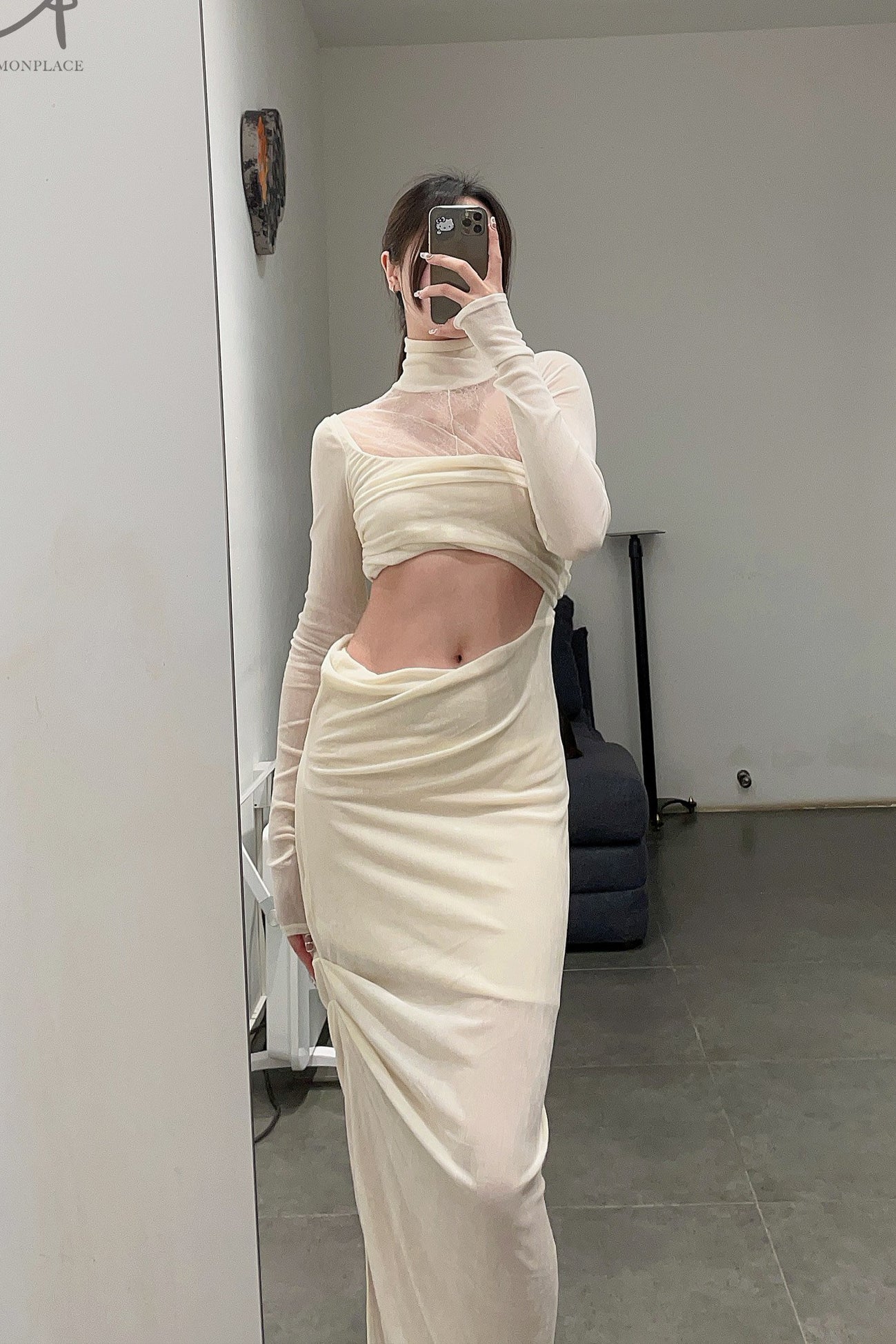 Un Morceau velvet lace stitching waist details dress UM231LS08 white PUM35 - Image 11