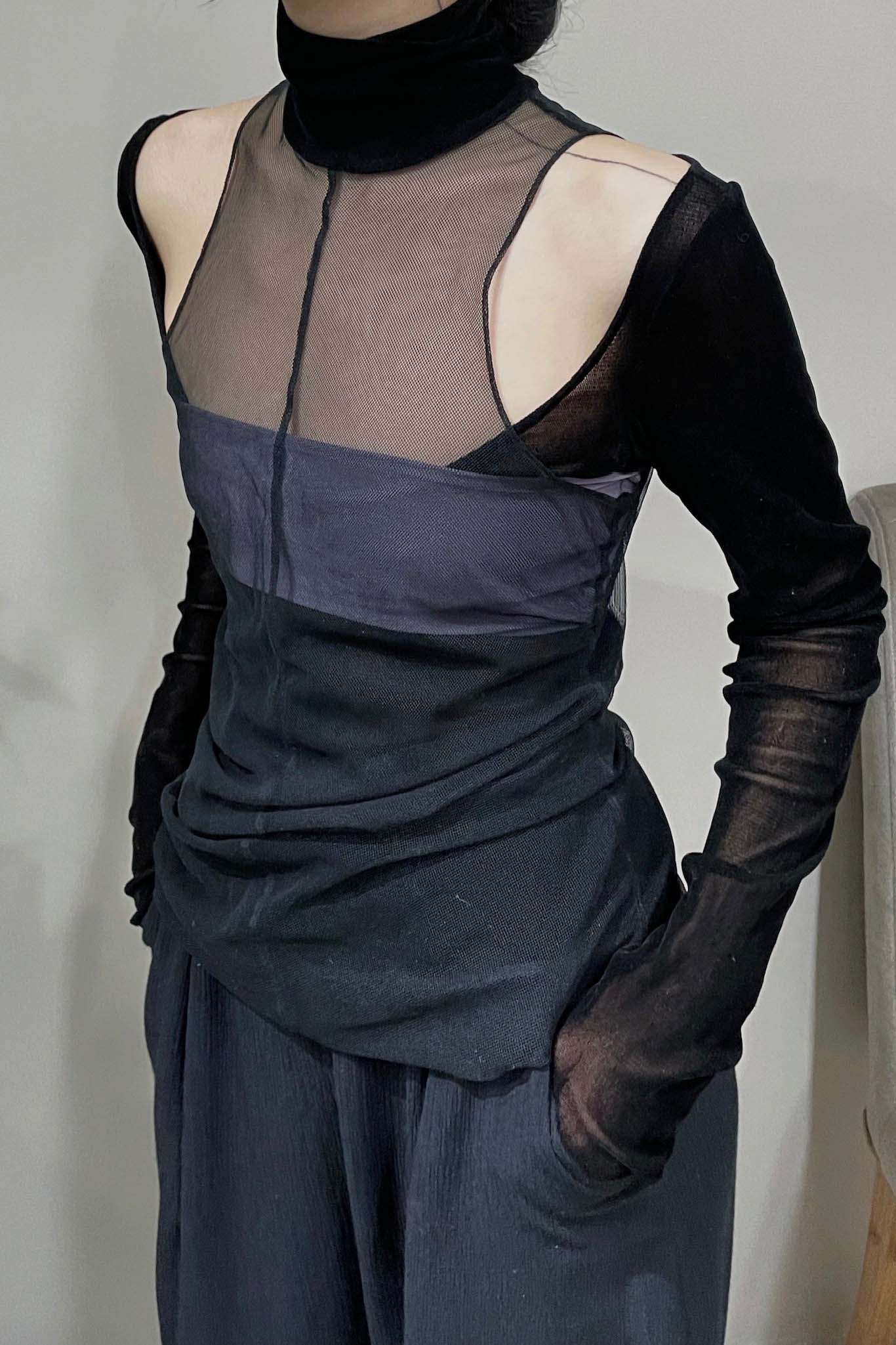 Un Morceau velvet mesh double layer asymmetric turtleneck top UM221SZ19 black/gray purple - Image 2