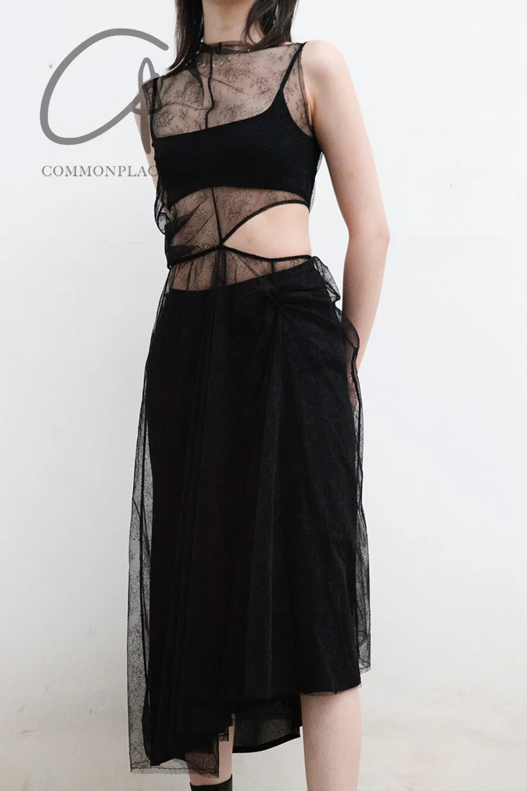 Un Morceau Waist Cutout Lace Asymmetric Dress (Set of Three) UM221LS23 Black PUM24 - Image 2