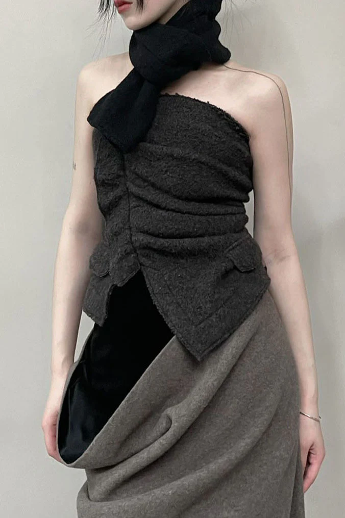 Un Morceau wool asymmetric long tube top AW22 UM222SZ19 Brown PUM30 - Image 8