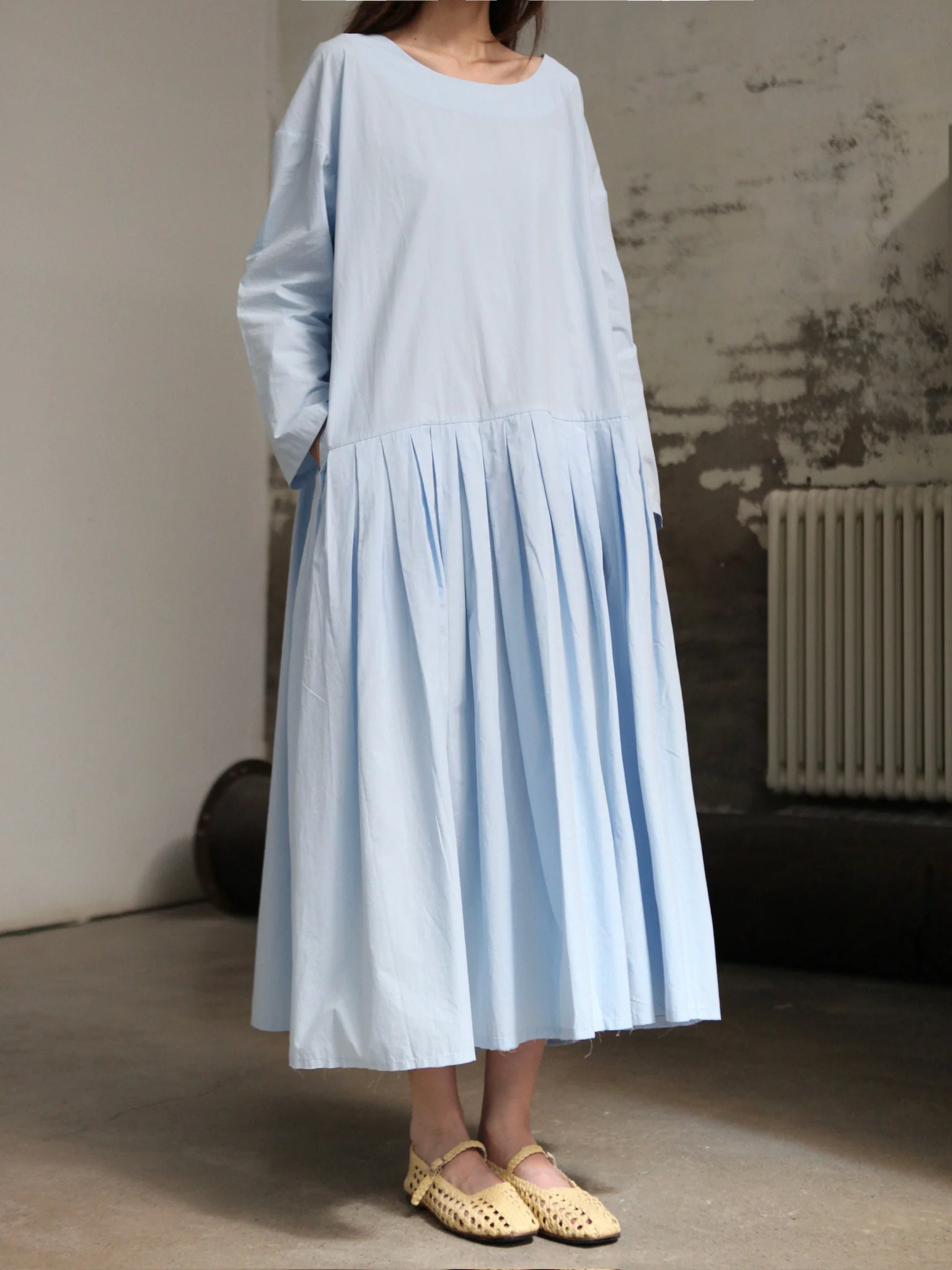 UNISECON 25 Autumn/Winter Round Neck Asymmetrical Pleated Dress USC-U12W27-blue - Image 3