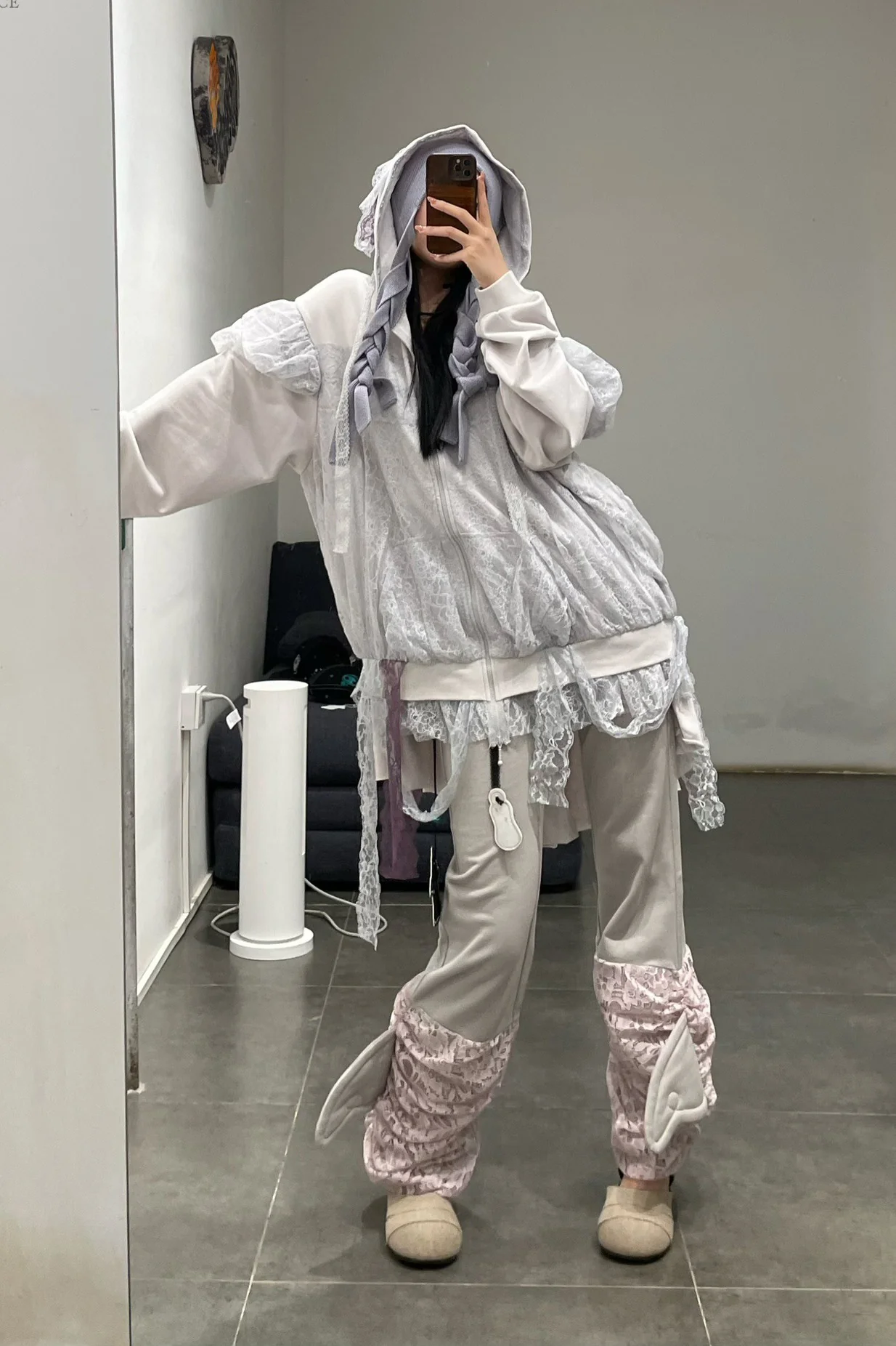 VeniceW 24 spring and summer lace loose hoodie 2HD white - Image 13