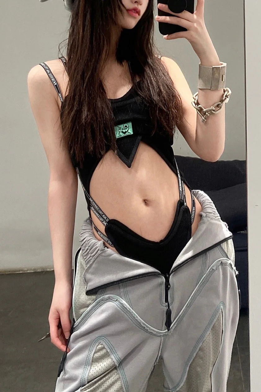 WINDOWSEN Double-layer suspender bodysuit series WD-SS22B038BK-HEI black PW24 - Image 2