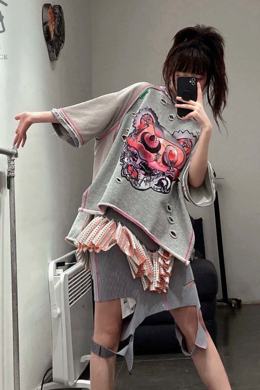 WINDOWSEN Printed Distressed Patchwork Short Sleeves SS22T051GR Grey PW18 - Image 6