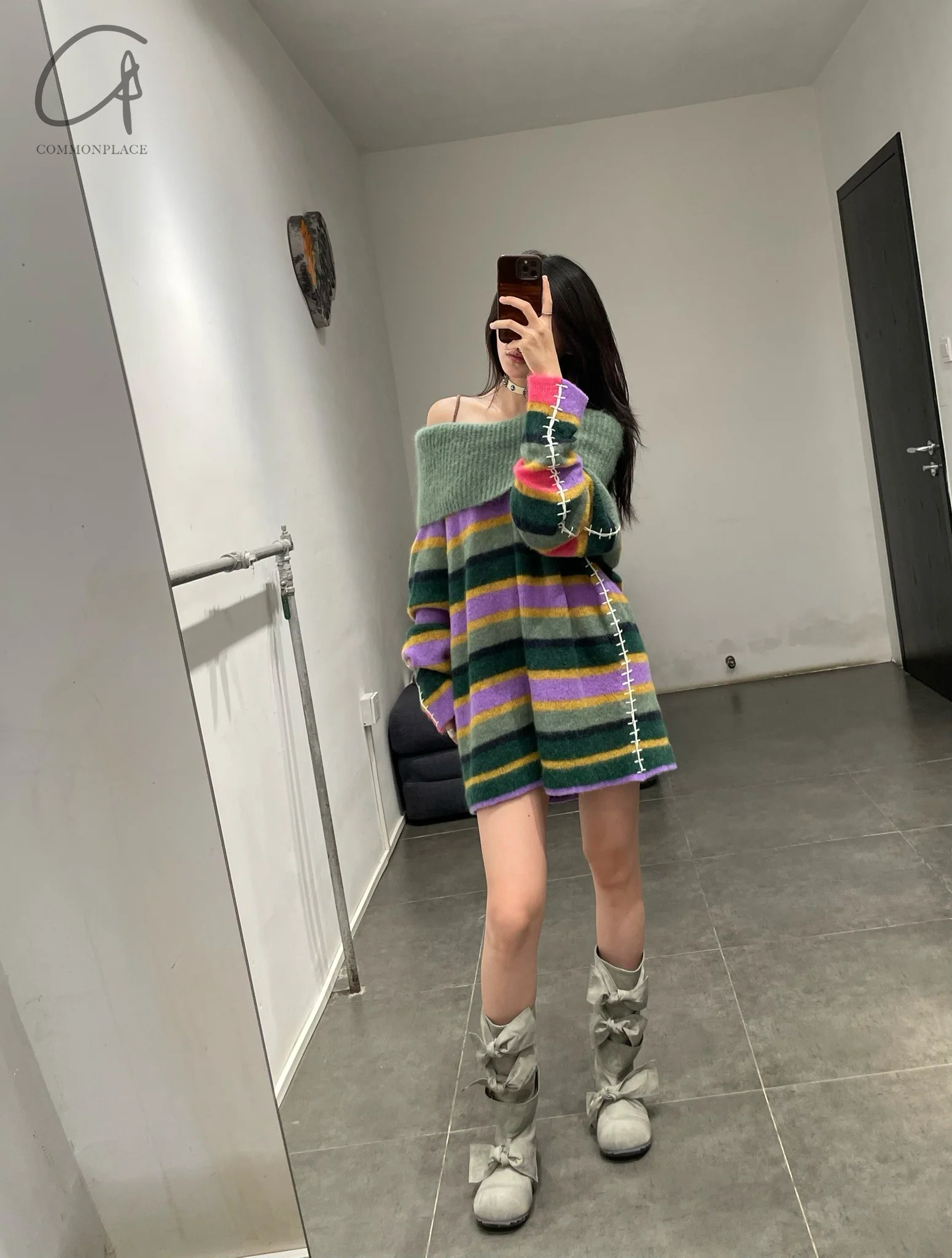 YANYAN KNITS 24 Autumn and Winter Alpaca Striped Raglan Dress YYK-YYW24-1331-PINSE Colorblocking - Image 8