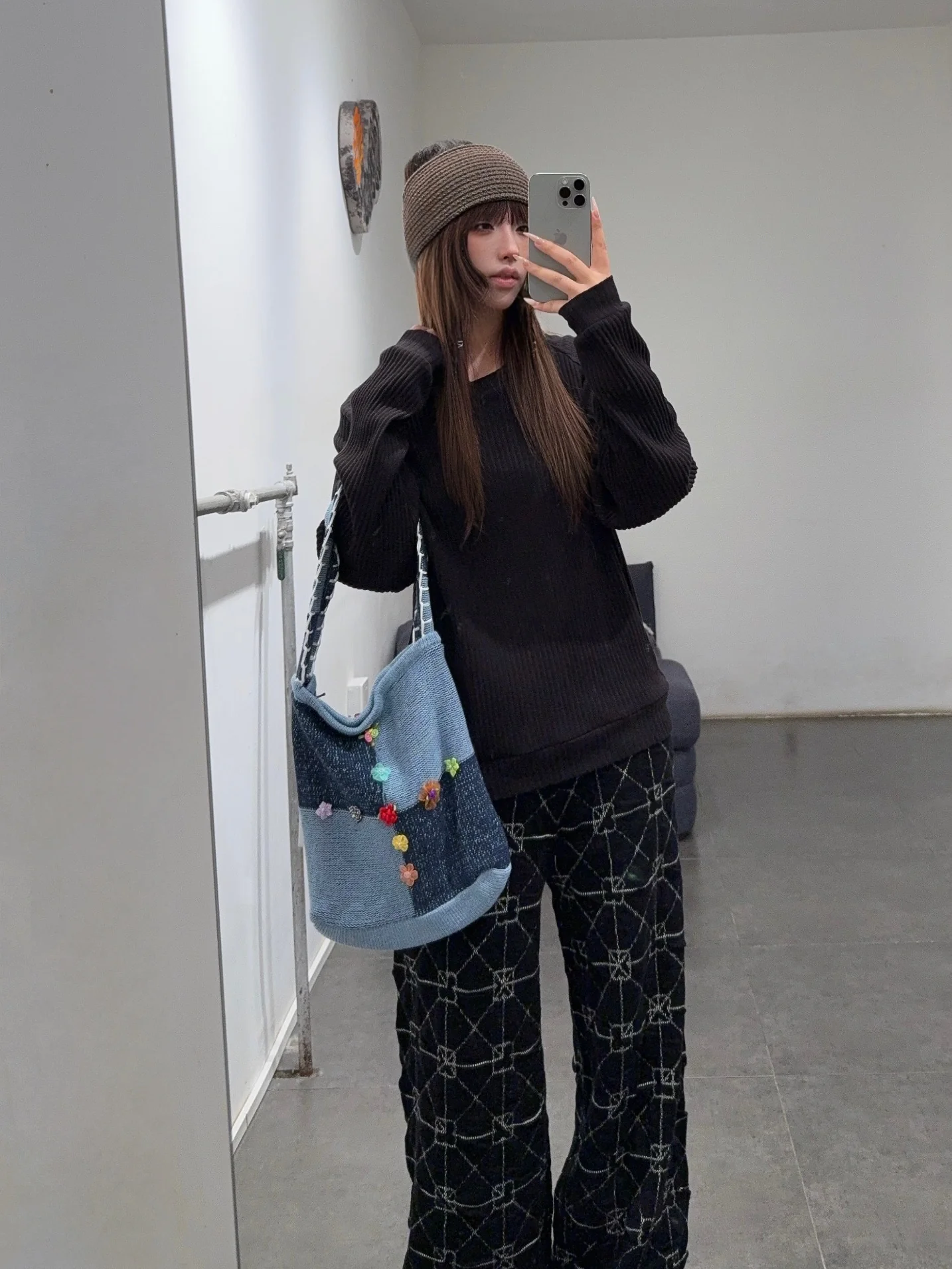 YANYAN KNITS 25 Autumn/Winter Embellished Plaid Tote Bag YYK-YYW25-1041-DENIM - Image 15