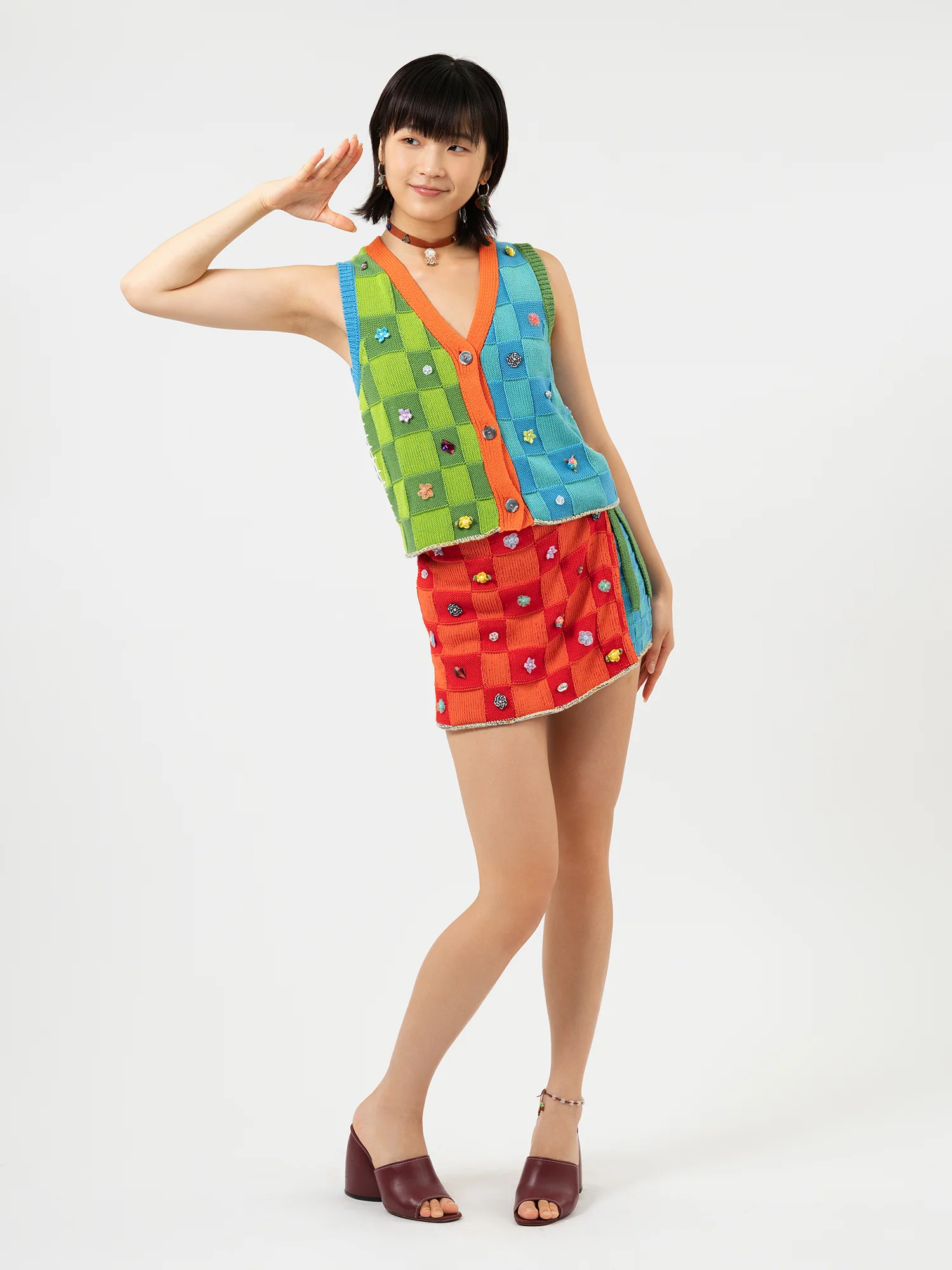 YANYAN KNITS 25 Spring/Summer Embellished Plaid Waist Mini Skirt YYK-YYW25-0632-PINSE Colorblock - Image 8
