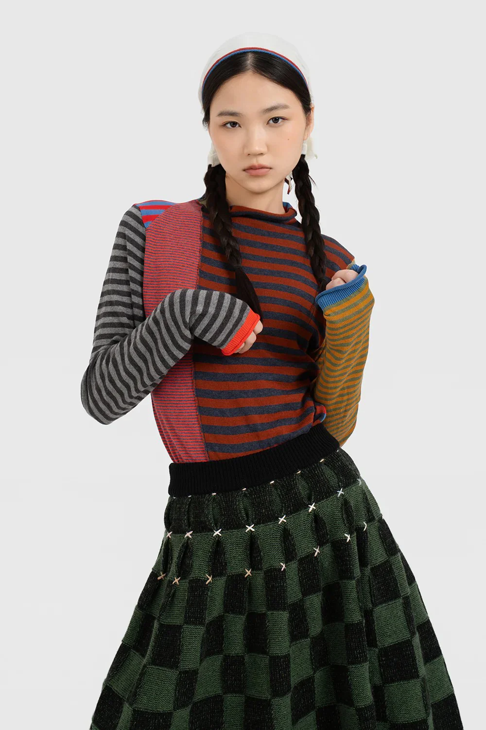 YANYAN KNITS Fall/Winter 2025: Wool plaid cropped sweater / mid-length skirt YYK-YYW25-1422-GW (Skirt: YYW25-2021) - Image 12