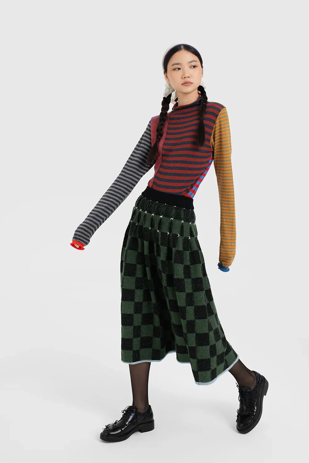 YANYAN KNITS Fall/Winter 2025: Wool plaid cropped sweater / mid-length skirt YYK-YYW25-1422-GW (Skirt: YYW25-2021) - Image 15