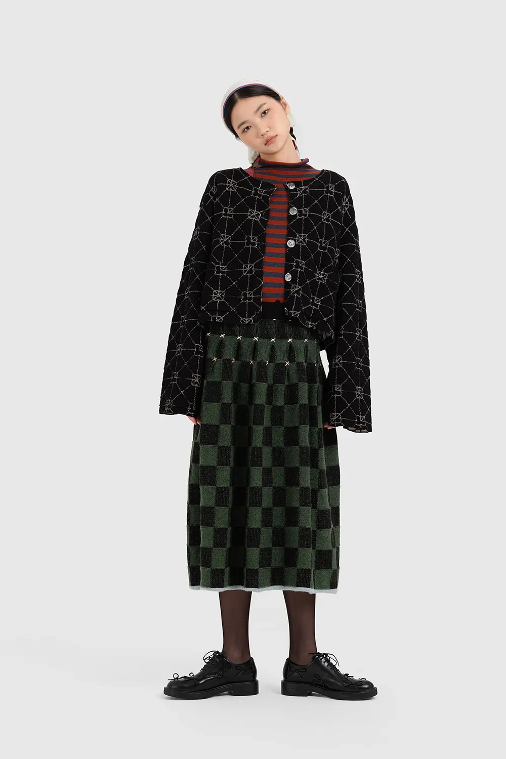 YANYAN KNITS Fall/Winter 2025: Wool plaid cropped sweater / mid-length skirt YYK-YYW25-1422-GW (Skirt: YYW25-2021) - Image 16