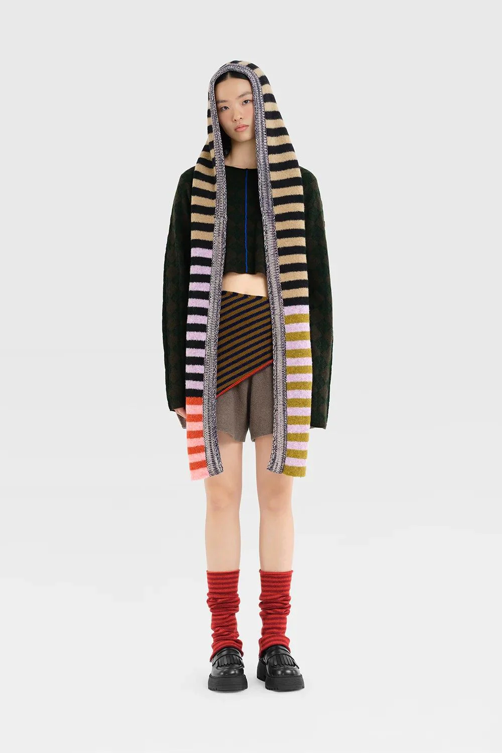 YANYAN KNITS Plush Hoodie Scarf YYK-YYW25-2991-BLACK CAMEL - Image 6
