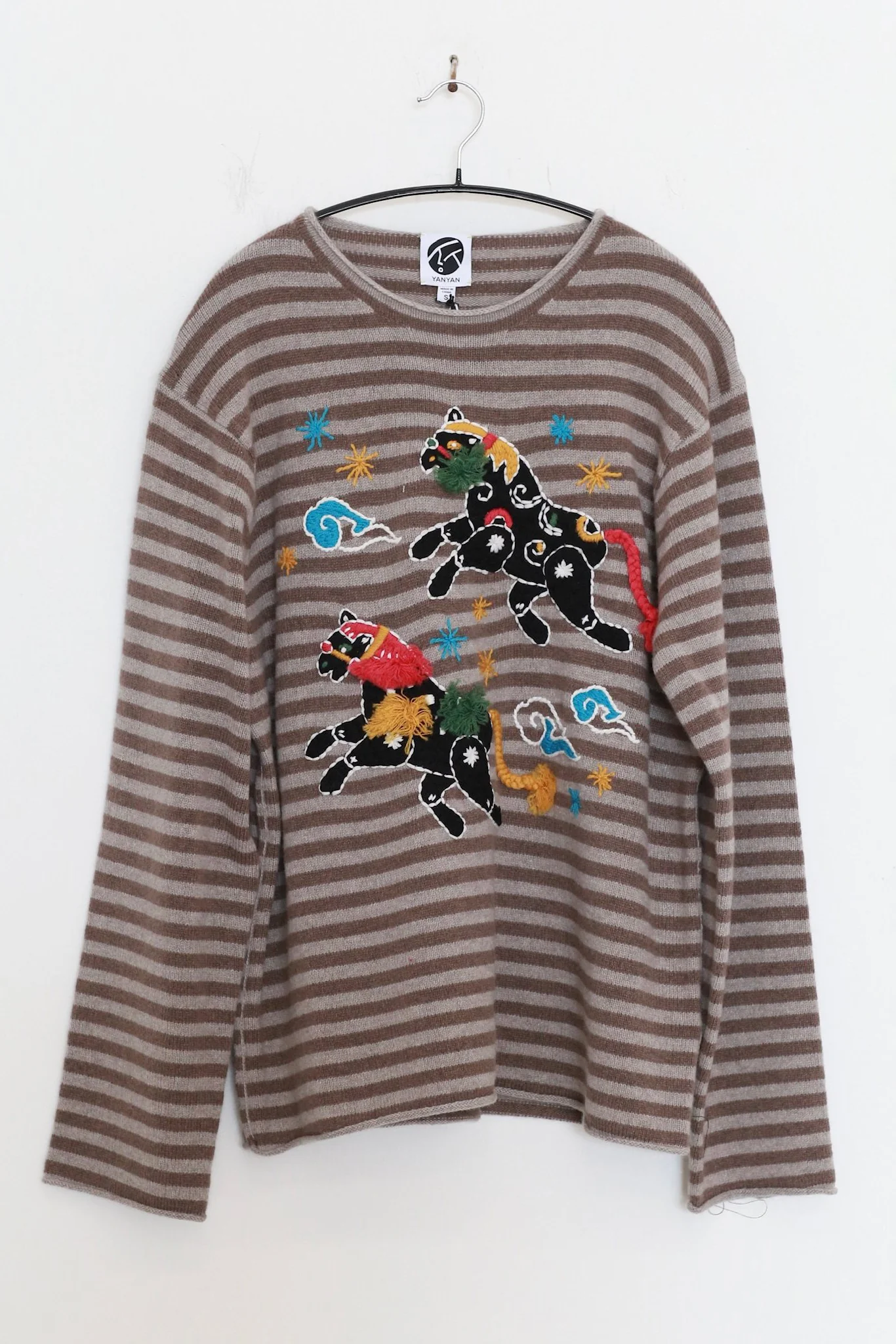 YANYAN KNITS Striped High-Neck Pullover with Horse Pattern YYK-YYW25-2721-WARM GREY - Image 3
